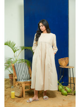 Pink Cactii - Beige Yoke Solid Embroidered Midi Dress