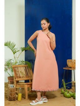 Pink Cactii - Salmon Coral Round Neck A-Line Midi Dress