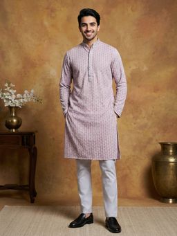 Jompers - Men Pink Pure Cotton Embroidered Straight Kurta with Pyjama