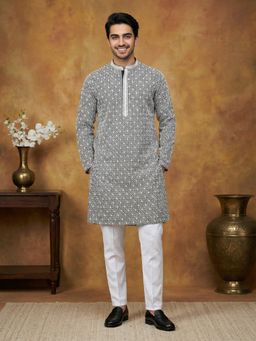 Jompers - Men Black Pure Cotton Embroidered Straight Kurta with Pyjama
