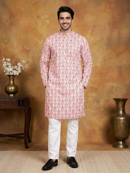 Jompers - Men Peach Pure Cotton Geometric Straight Kurta with Pyjama
