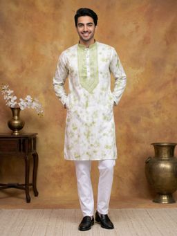Jompers - Men Green Cotton Blend Embroidered Straight Kurta with Pyjama