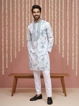 Jompers - Men Blue Cotton Blend Embroidered Straight Kurta with Pyjama