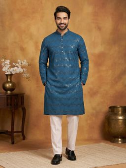 Jompers - Men Teal Viscose Rayon Embellished Straight Kurta with Pyjama