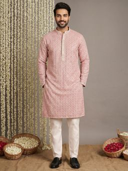 Jompers - Men Pink Viscose Rayon Embroidered Straight Kurta with Pyjama