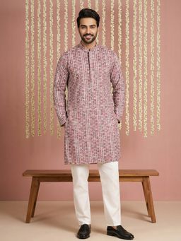 Jompers - Men Maroon Cotton Blend Embroidered Straight Kurta with Pyjama
