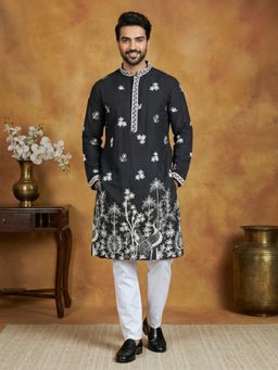 Jompers - Men Black Silk Blend Embroidered Straight Kurta with Pyjama