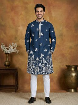 Jompers - Men Teal Silk Blend Embroidered Straight Kurta with Pyjama