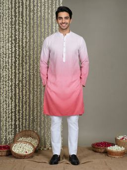 Jompers - Men Coral Cotton Blend Stripes Straight Kurta with Pyjama