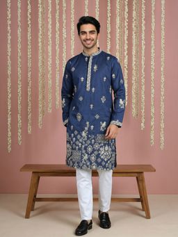 Jompers - Men Navy Blue Silk Blend Embroidered Straight Kurta with Pyjama