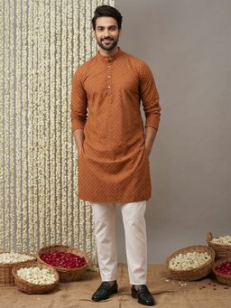 Jompers - Men Brown Pure Cotton Embroidered Straight Kurta with Pyjama