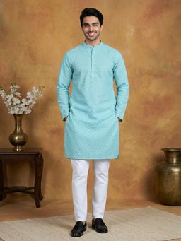 Jompers - Men Blue Pure Cotton Embroidered Straight Kurta with Pyjama