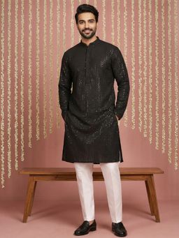 Jompers - Men Black Viscose Rayon Embellished Straight Kurta with Pyjama