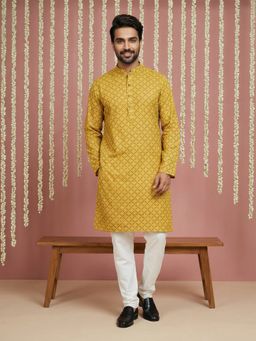 Jompers - Men Mustard Silk Blend Self Design Straight Kurta with Pyjama