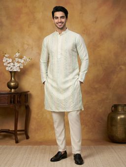 Jompers - Men Multi-Color Silk Blend Embroidered Straight Kurta with Pyjama