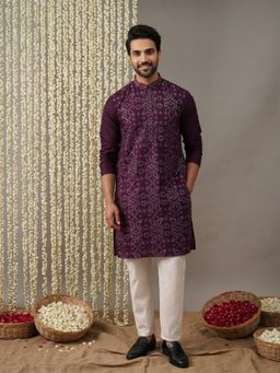 Jompers - Men Purple Silk Blend Embroidered Straight Kurta with Pyjama
