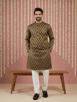 Jompers - Men Black Silk Blend Woven Straight Kurta with Pyjama