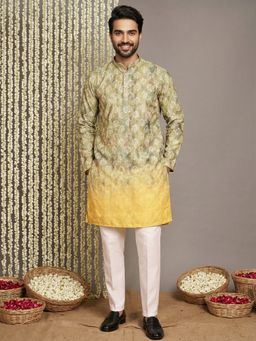 Jompers - Men Green Cotton Blend Floral Straight Kurta with Pyjama