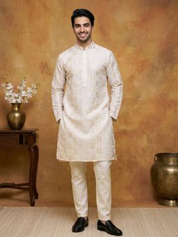Jompers - Men White Silk Blend Embroidered Straight Kurta with Pyjama