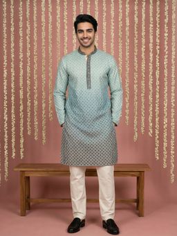Jompers - Men Blue Viscose Rayon Embroidered Straight Kurta with Pyjama