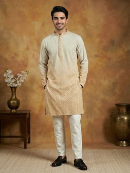 Jompers - Men Mustard Viscose Rayon Embroidered Straight Kurta with Pyjama