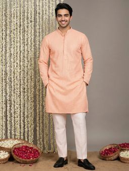 Jompers - Men Peach Viscose Rayon Embroidered Straight Kurta with Pyjama