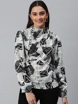 SHOWOFF - Women High Neck Full Sleeves Printed White Top