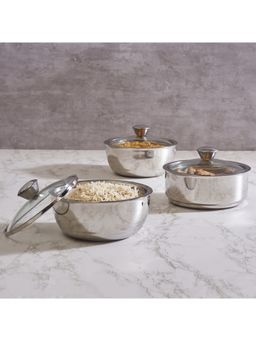 HomeTown - Sapphire Double Wall Insulated Stainless Steel Meal Serve Combo Set Of 3 In Silver Colour