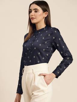 Hancock - Women Navy Blue Printed Mandarin Collar Shirt Style Top