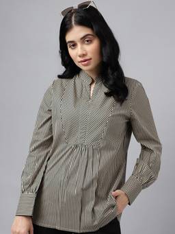 Hancock - Women Beige Stripes Pure Cotton Regular Fit Formal Top