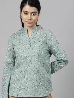 Hancock - Women Green Floral Printed Pure Cotton Cambric High Low Formal Top