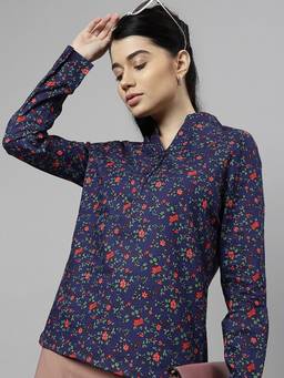Hancock - Women Navy Blue Floral Printed Pure Cotton Cambric High Low Formal Top