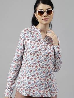 Hancock - Women Beige Floral Printed Viscose Rayon High Low Formal Top