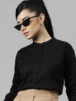 Hancock - Women Black Solid Pure Cotton Regular Fit Formal Top