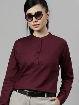 Hancock - Women Burgundy Solid Pure Cotton Regular Fit Formal Top