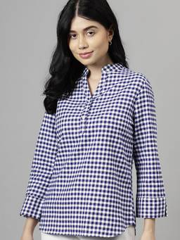 Hancock - Women Blue Gingham Checked Pure Cotton Regular Fit Formal Top