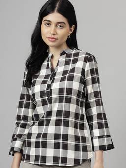Hancock - Women Black Tartan Flannel Checked Pure Cotton Regular Fit Formal Top