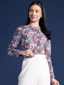 Hancock - Women Ethnic Rust Print Mandarin Collar Pure Cotton Shirt Style Top