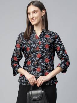 Hancock - Women Black Printed Pure Cotton Regular Fit Formal Top