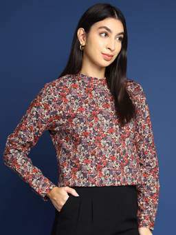 Hancock - Women Floral Red Pure Cotton Mandarin Collar Formal Top