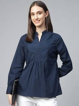 Hancock - Women Navy Blue Printed Pure Cotton Regular Fit Formal Top