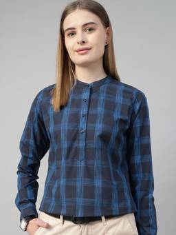 Hancock - Women Navy Blue Windowpane Checked Pure Cotton Regular Fit Shirt Style Formal Top