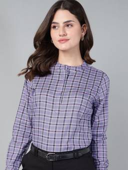 Hancock - Women Lavender Windowpane Checked Mandarin Collar Pure Cotton Shirt Style Top