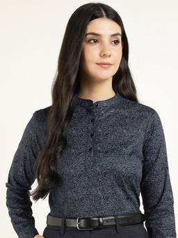 Hancock - Women Navy Blue Floral Printed Cotton Satin Shirt Style Top