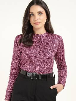 Hancock - Women Burgundy Ethnic Motifs Printed Regular Fit Pure Cotton Satin Formal Top