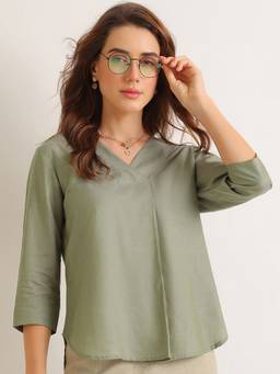 Hancock - Women Sage Green Solid V-Neck Pleated Chambray Weave Lyocell Top