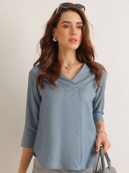 Hancock - Women Steel Grey Solid V-Neck Pleated Chambray Weave Lyocell Top