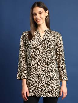 Hancock - Women Beige Animal Printed Mandarin Collar Longline Top