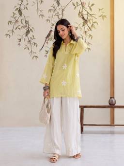Yufta - Yellow Pure Silk Chanderi Floral Applique Top
