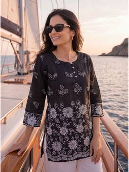 Yufta - Black Cotton Lucknowi Kurtis